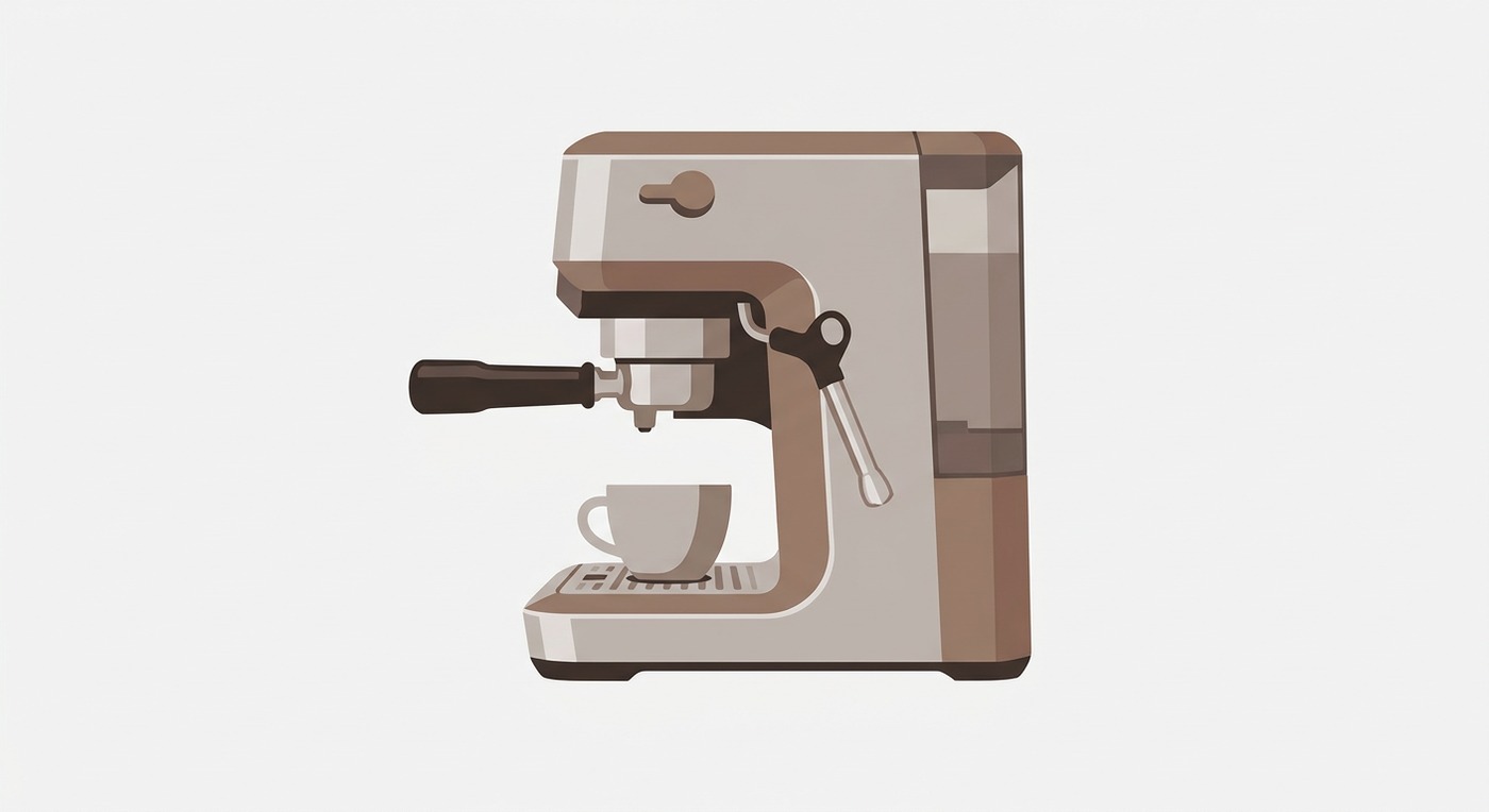 Side profile of a home espresso machine showing the portafilter, group head, steam wand, drip tray, and reservoir