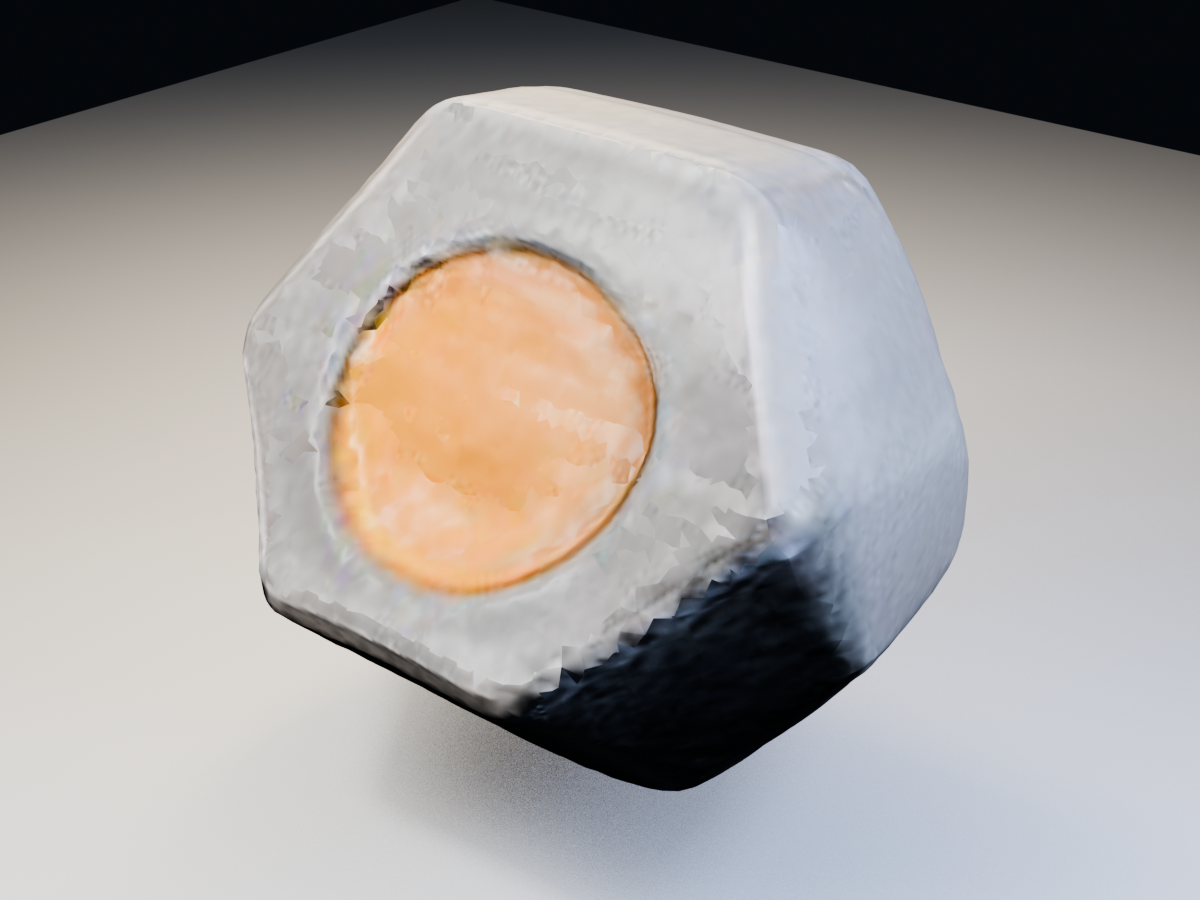 Rendered MeshForge candidate retaining the verification token silhouette and amber circular inset with visibly softened surfaces