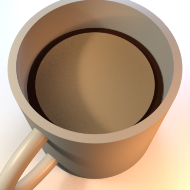 High-angle render of a ceramic mug with a tan foam cap and visible dark coffee ring