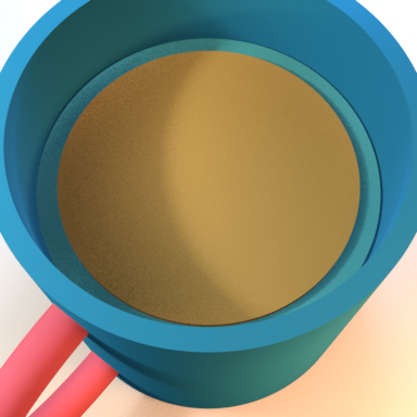 High-angle false-color render separating the coffee foam cap, coffee ring, mug body, and handle