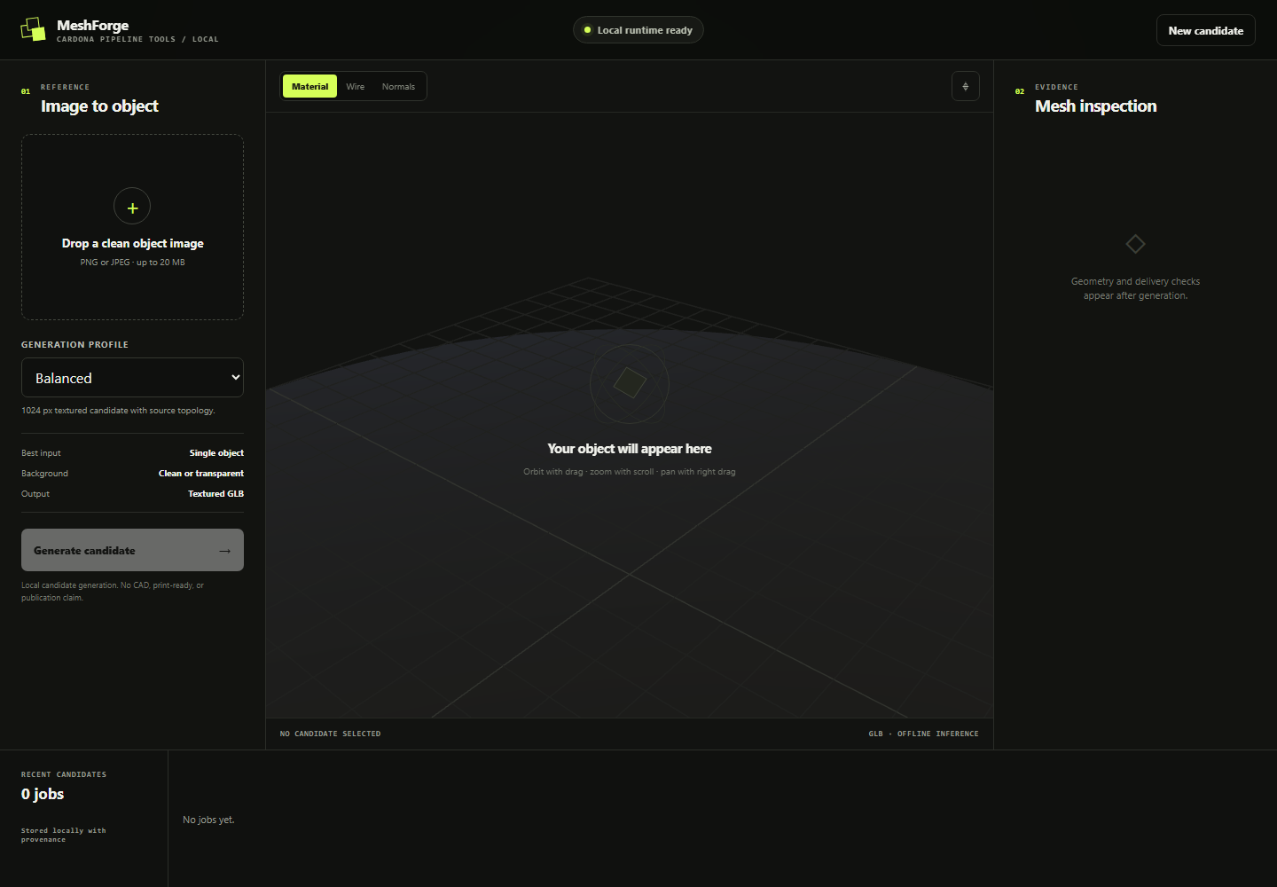 MeshForge Studio review workspace with source controls, 3D viewport, topology evidence, and locked download review