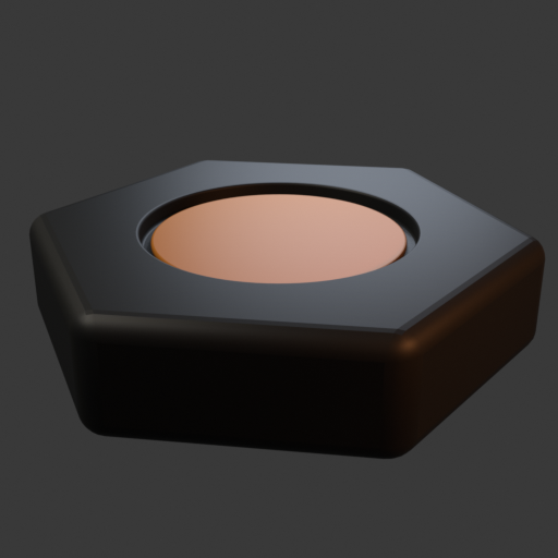 Tall graphite hexagonal verification token with an amber circular insert recessed below the top plane