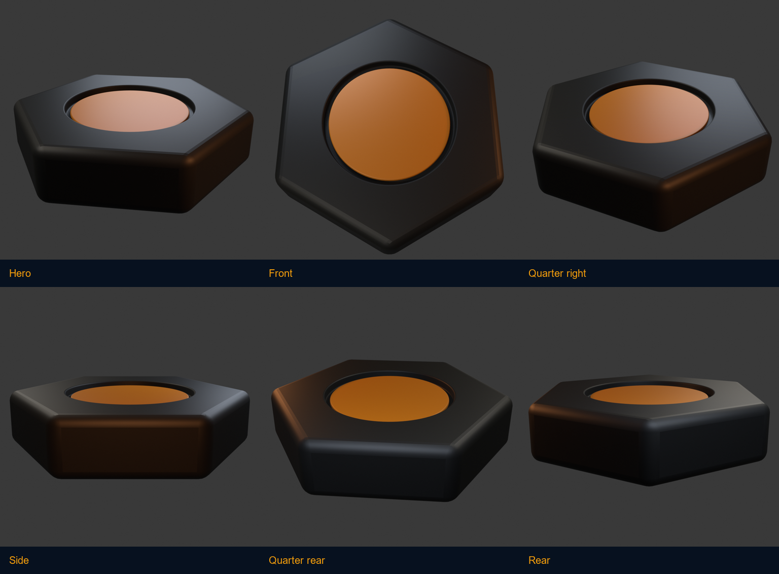 Six-view sheet of the corrected tall token showing its recessed amber insert from hero, front, quarter, side, and rear views
