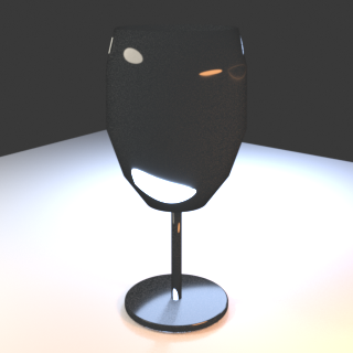 Dark-field wine glass benchmark with a thin bowl, narrow stem, and broad foot