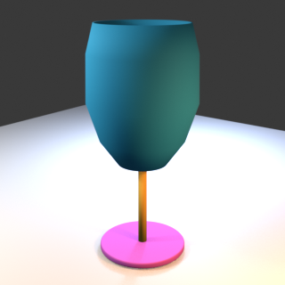 False-color wine glass render separating bowl, stem, and foot