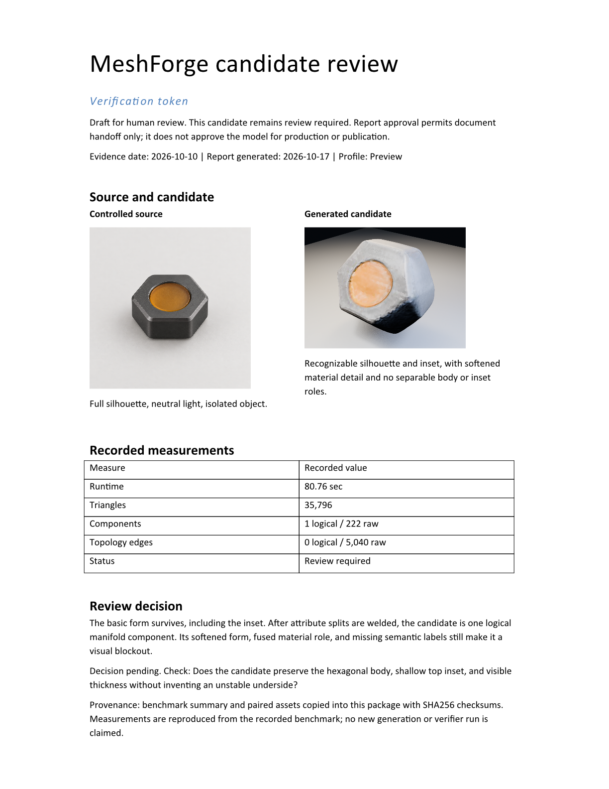 One-page MeshForge report showing paired verification-token source and generated candidate images, recorded measurements, and a pending review decision