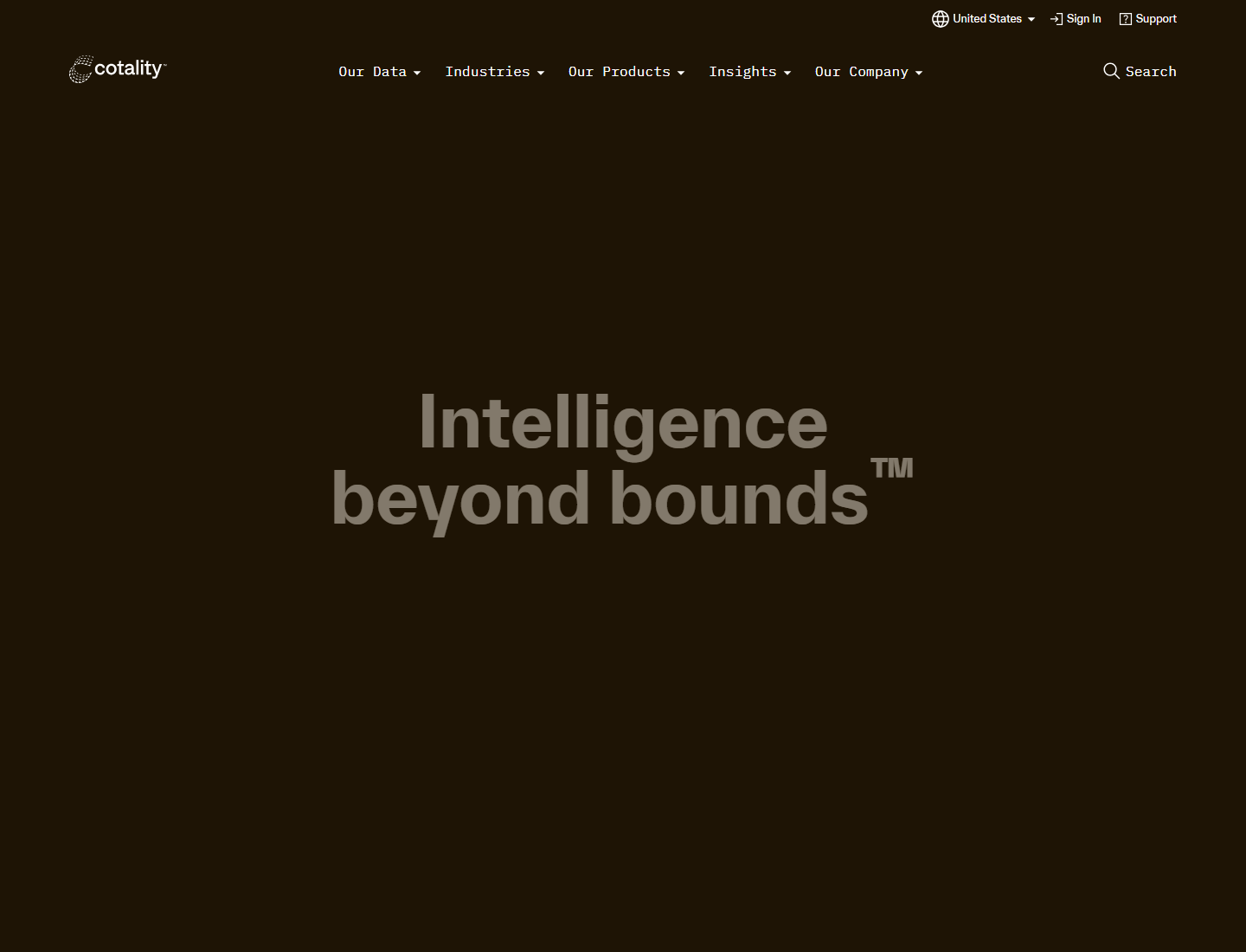 Cotality.com homepage above the fold: dark hero with a background video, the 'Intelligence beyond bounds' headline, a five-item mega-menu, a language switcher reading 'United States', and a search control.