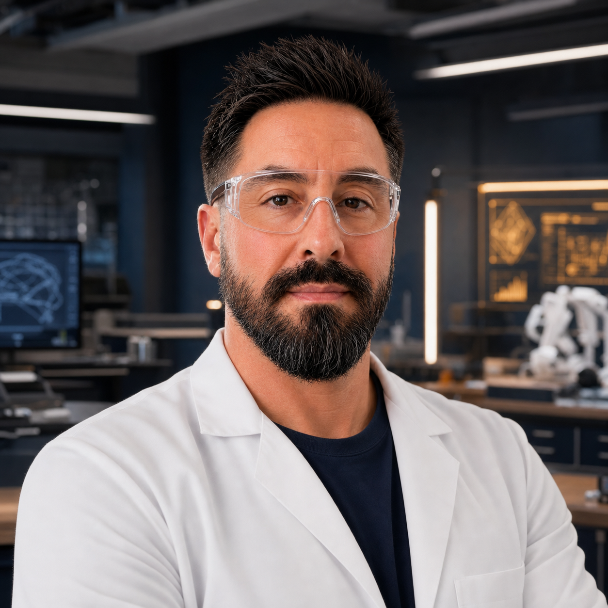 Jason Cardona wearing protective goggles and a lab coat in the CardonaLab research environment