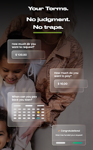 SoLo borrow flow render: stacked cards reading How much do you want to request ($100), How much do you want to pay ($10), and When can you pay back your loan, under the headline Your Terms. No judgment. No traps.