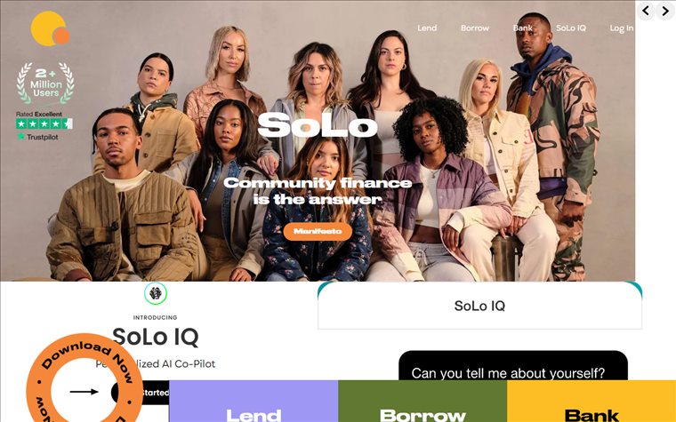 The solofunds.com homepage hero: a large group photo under the SoLo wordmark and the headline Community finance is the answer, with light navigation across the top.
